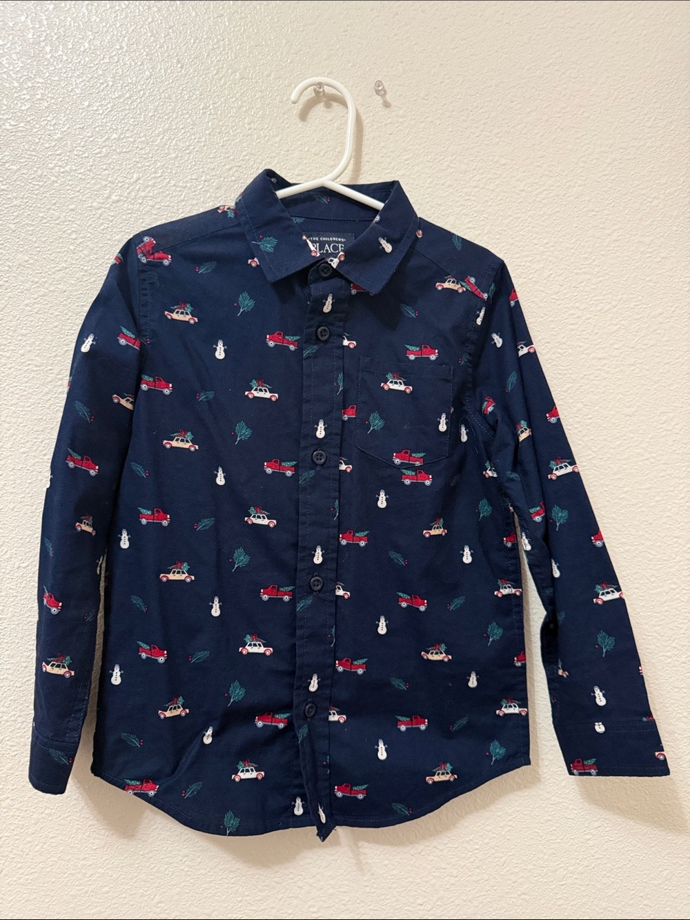 The Children's Place Navy Button-Down Shirt with Holiday Truck Print